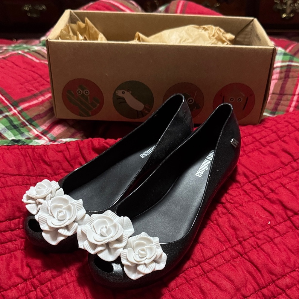 Mini Melissa Black Flats with White Floral Accents